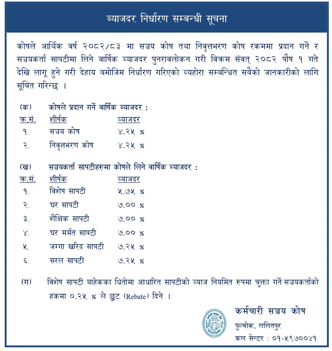 ब्याजदर निर्धारण सम्बन्धी सूचना