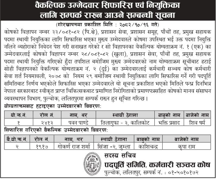 वैकल्पिक उम्मेदवार सिफारिस एवं नियुक्तिका सम्पर्क राख्न आउने सम्बन्धी सूचना_२०८२-१०-१६
