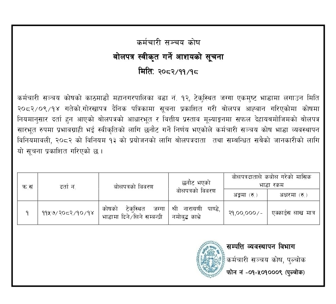 बोलपत्र स्वीकृत गर्ने आशयको सूचना – २०८२/११/१८