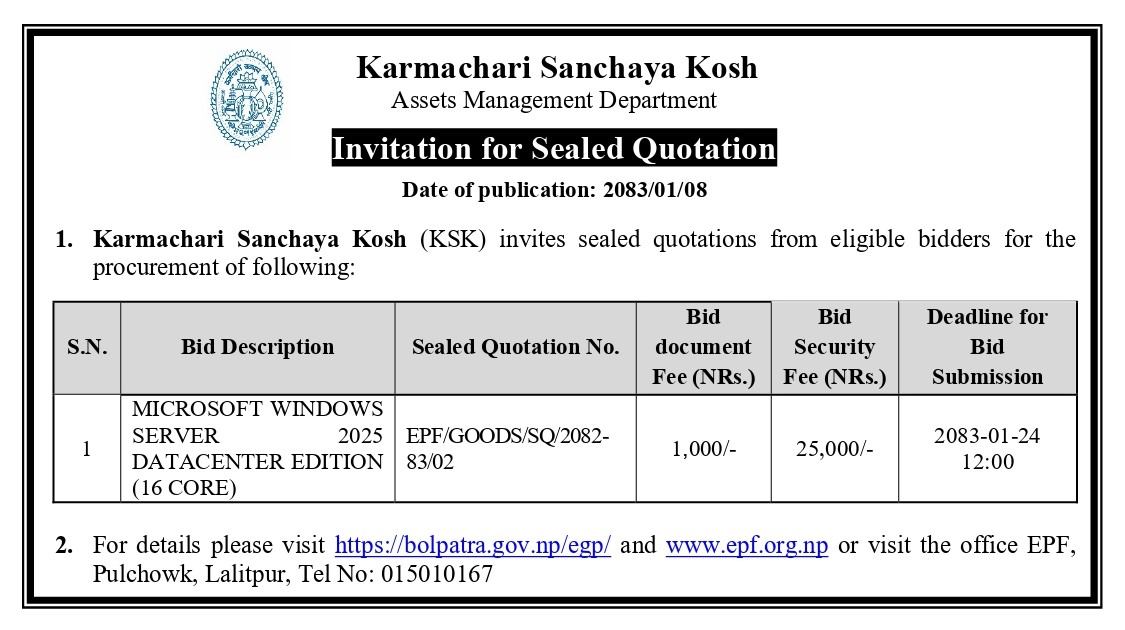 KSK Sealed Quotation Notice-2083/01/08