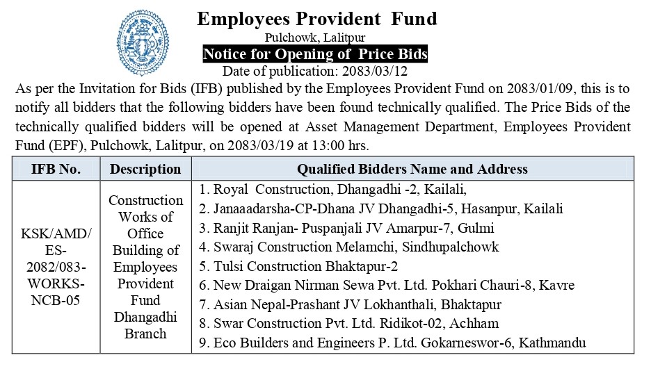 Notice for Opening of Price BIDs