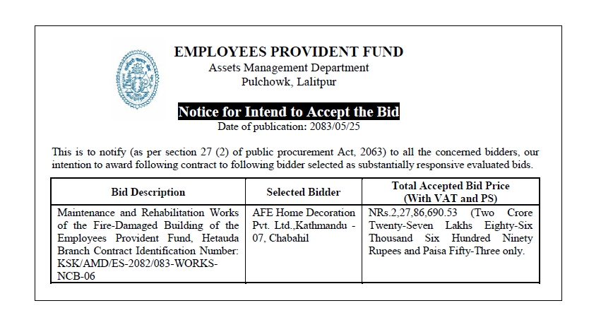 Notice for Intend to Accept the Bid – 20830525