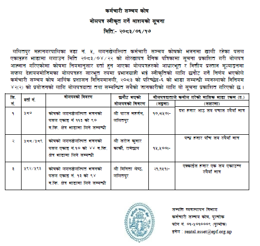 बोलपत्रको स्वीकृत गर्ने आशयको सूचना